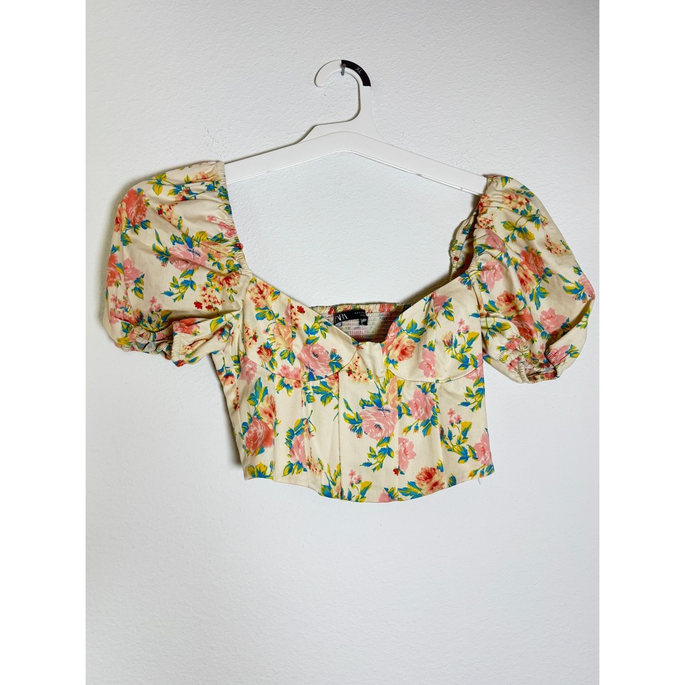 Zara Floral Puff Sleeve Crop Top Small Cream Pink Rose Smocked Corset Blouse